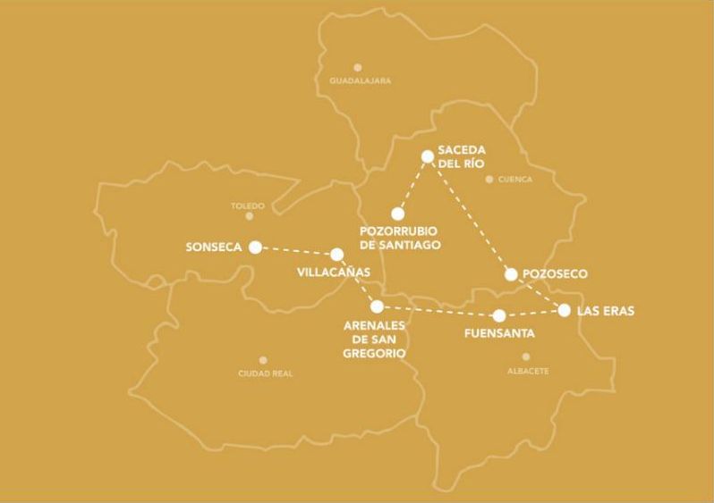 Mapa de la Ruta Gregoriana: Sonseca, Villacañas, Arenales de San Gregorio, Fuensanta, Las Eras, Pozoseco, Pozorrubio de Santiago y Saceda del Río